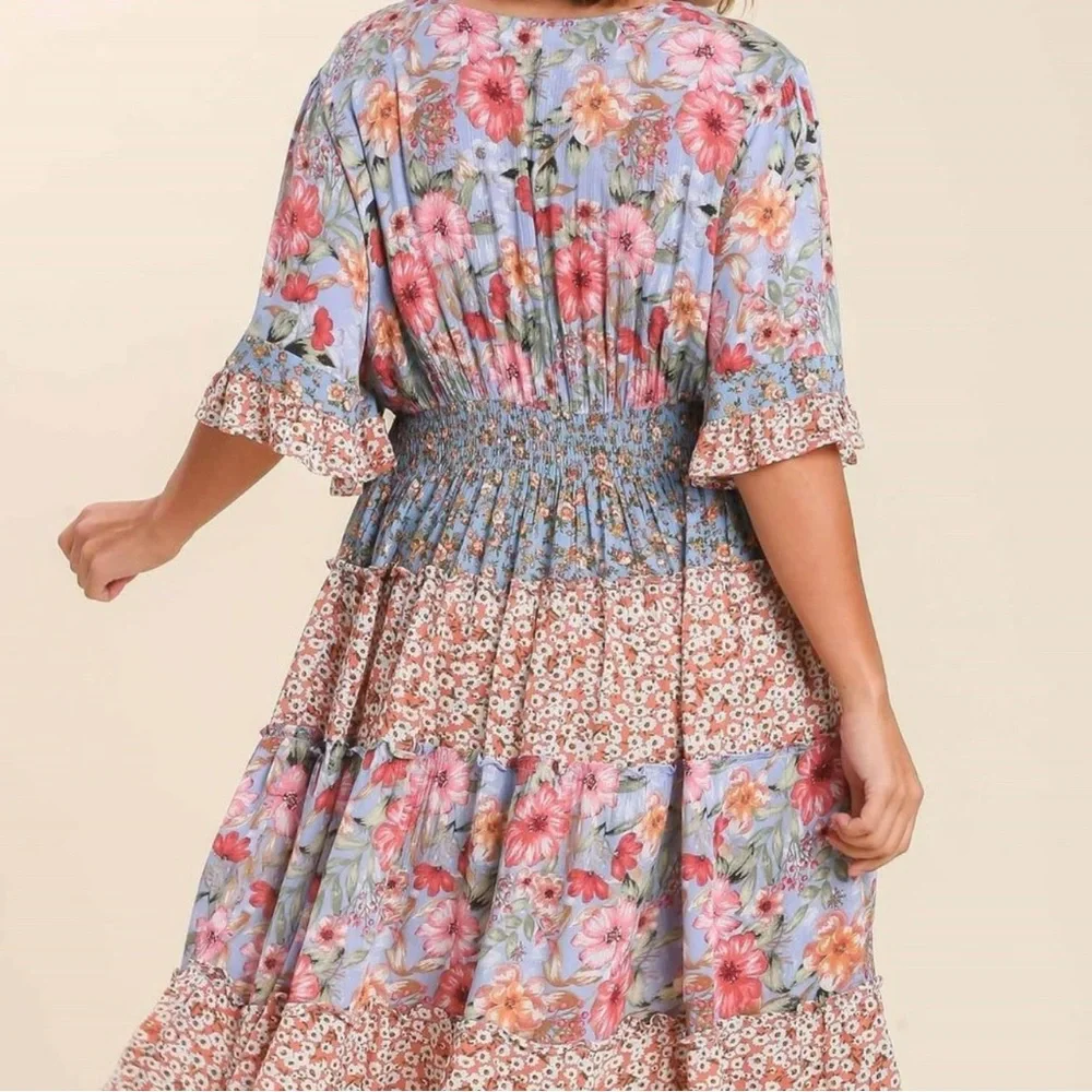 SOLD NWT Large Umgee Mixed Fabric Tiered Midi dress - Picture 6 of 10